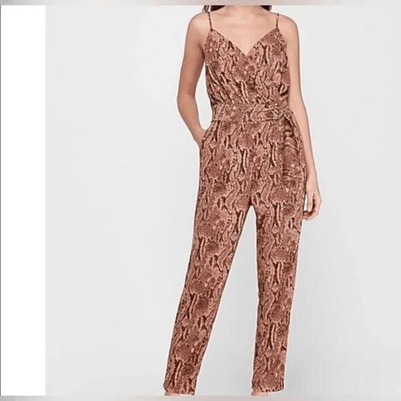 Express Brown Tan Snakeskin Print Belted Wrap Stretchy Jumpsuit Large - Picture 10 of 11